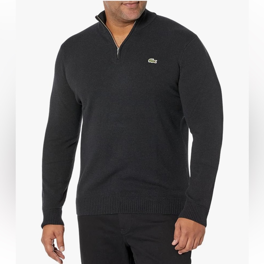 Lacoste 1/4 Zip Long Sleeve Sweater Cotton Cashmere Blend Black Size 6, XL